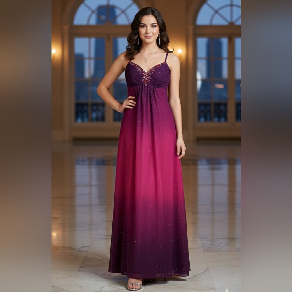 NWOT Le Chateau Sparkly Beaded Bodice Gradient Maxi Dress